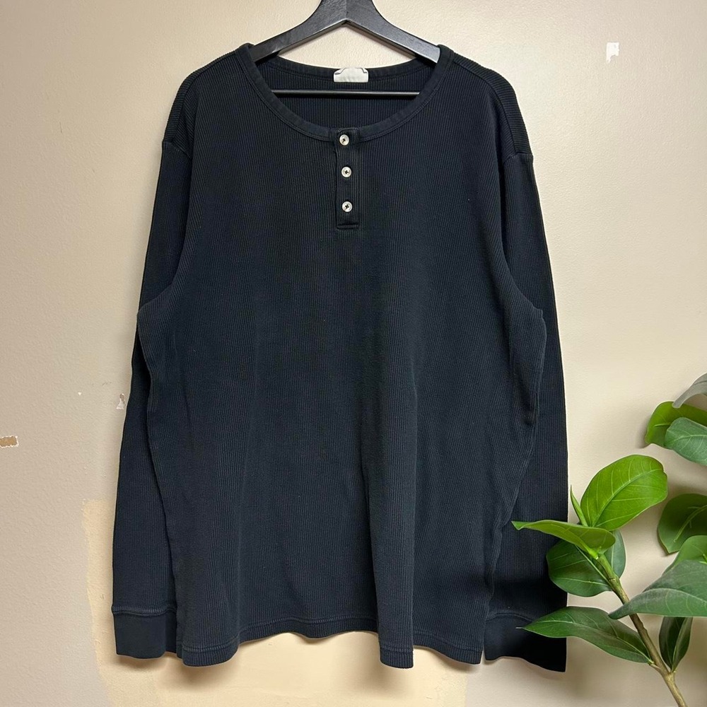 Life Is Good Mens XXL Black Waffle Knit Thermal Henley Long Sleeve Shirt Y2K